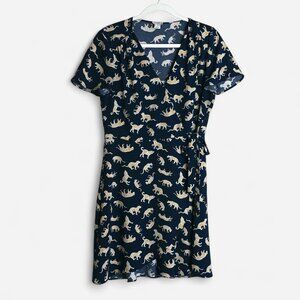J Crew Factory Womens Navy Blue Leopard  Print Short Sleeve ALINE Tie Wr…